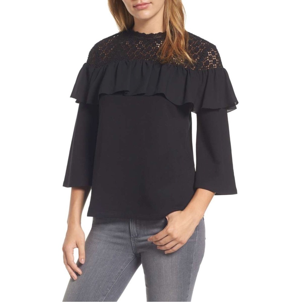 EUC Halogen Black Lace Yoke Ruffle Top with Bell Sleeves- Size XS